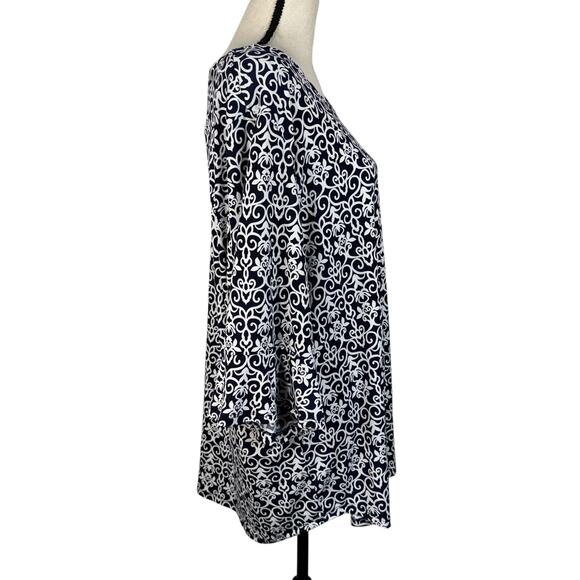 Dressbarn 3X-Large Top Geometric Stretch 3/4 Bell Sleeve Boat Neck Zip Navy Blue - Picture 4 of 10